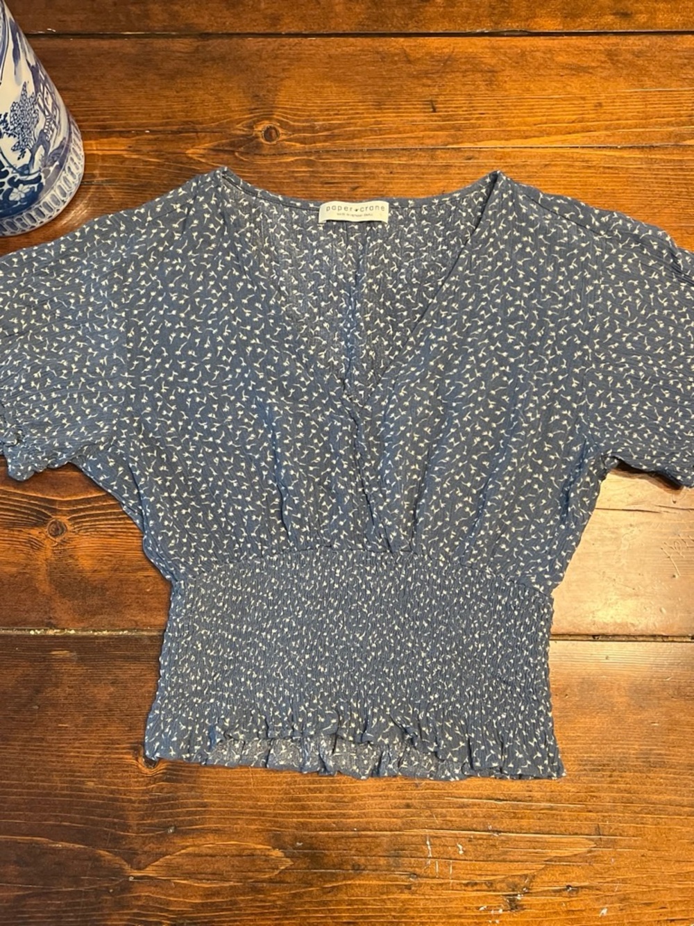 Paper Crane Blue Floral Smocked V-Neck Crop Top
